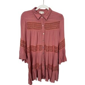 Cloth & Portrait Pink Button Up Collared Dress Lace Accent Stripes Womens Size M